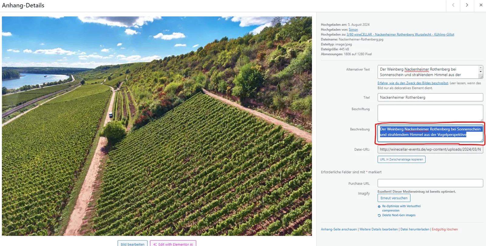 Bildschirmfoto: Feld für die Bildbeschreibung in der WordPress-Mediathek