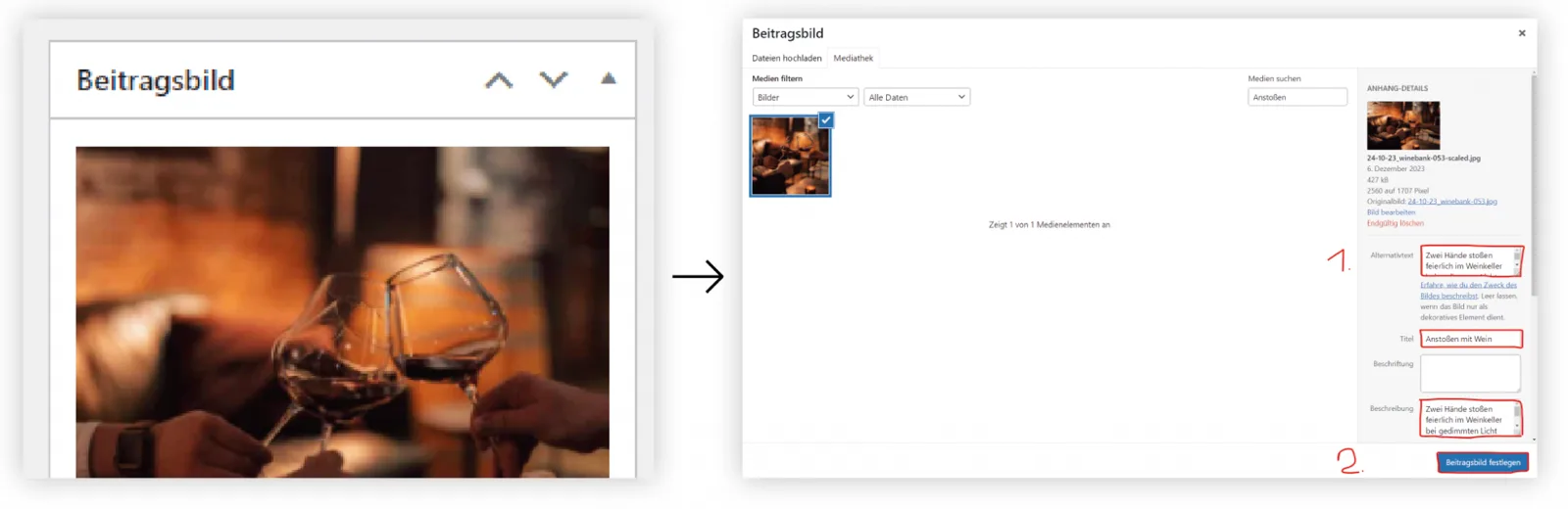 Bildschirmfoto: Bildinformationen und Beitragsbild in WordPress