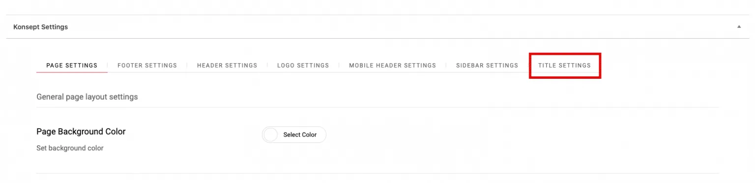 Abschnitt „Konsept Settings“ mit dem Eintrag „Title Settings“