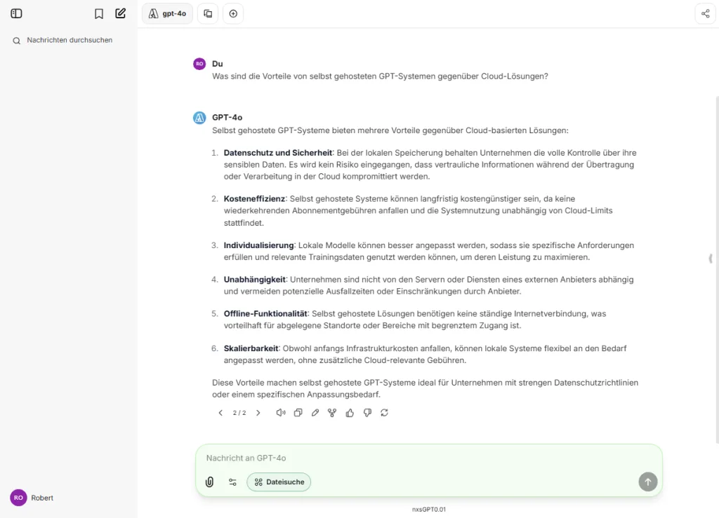 GPT-Chat mit einer Antwort zu den Vorteilen selbst gehosteter Systeme