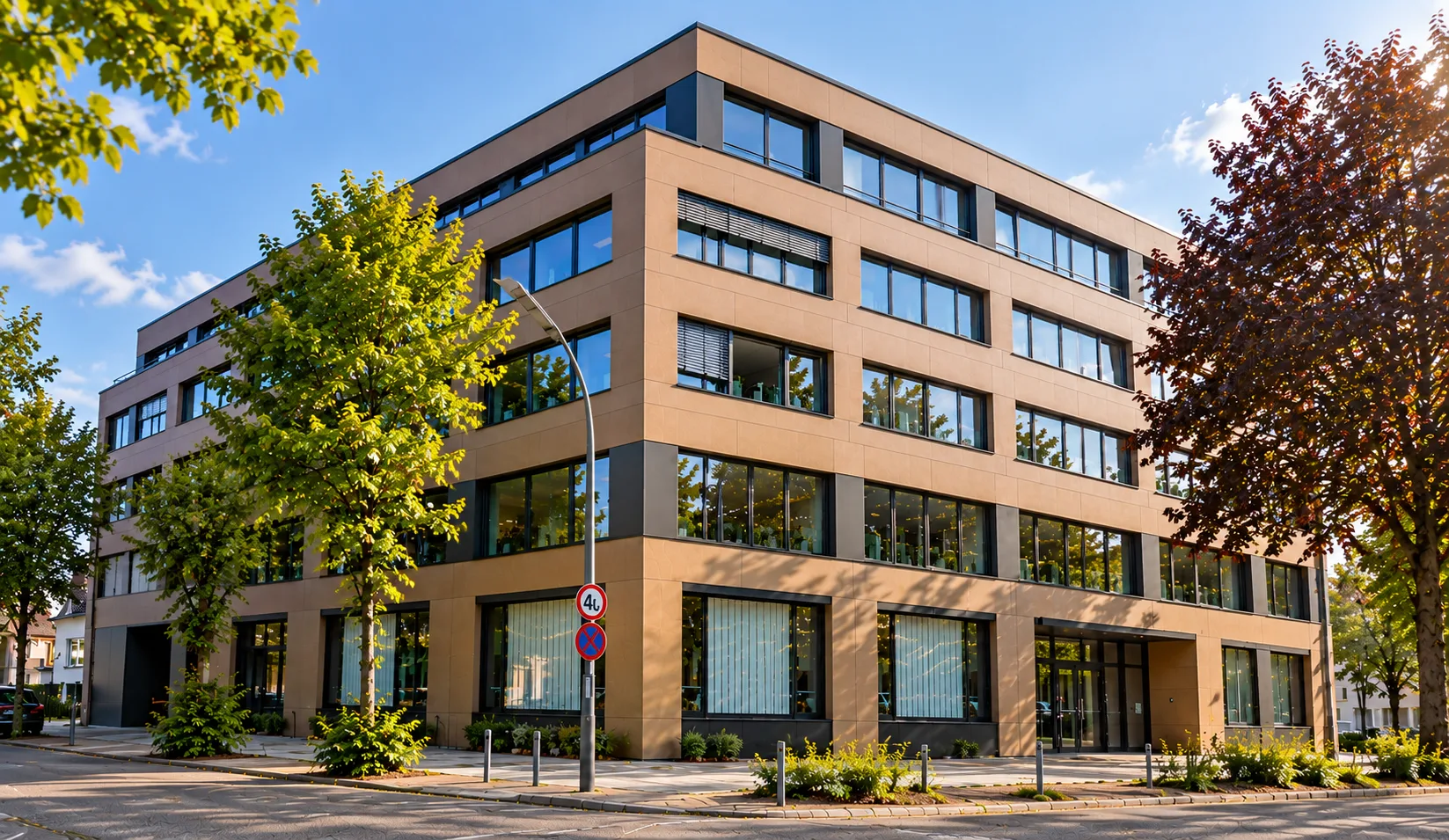 KI-generierte Darstellung des Bürogebäudes von ADence in Hamburg: fünfgeschossiger Bau mit hellbrauner Fassade und großen Fensterflächen an einer Straßenecke, davor Bäume im Abendlicht