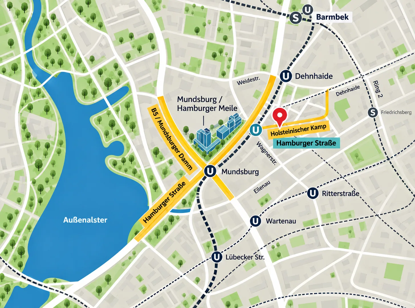 KI-generierter Lageplan des ADence-Büros in Hamburg: rote Markierung am Holsteinischen Kamp, wenige Gehminuten von der U-Bahn Hamburger Straße, zwischen Mundsburg, Dehnhaide und Barmbek, links die Außenalster