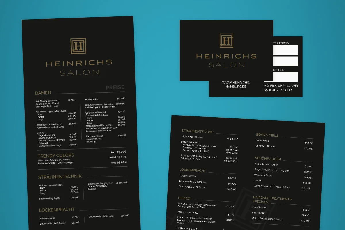 Visitenkarte für den Friseursalon Heinrichs, gestaltet von ADence