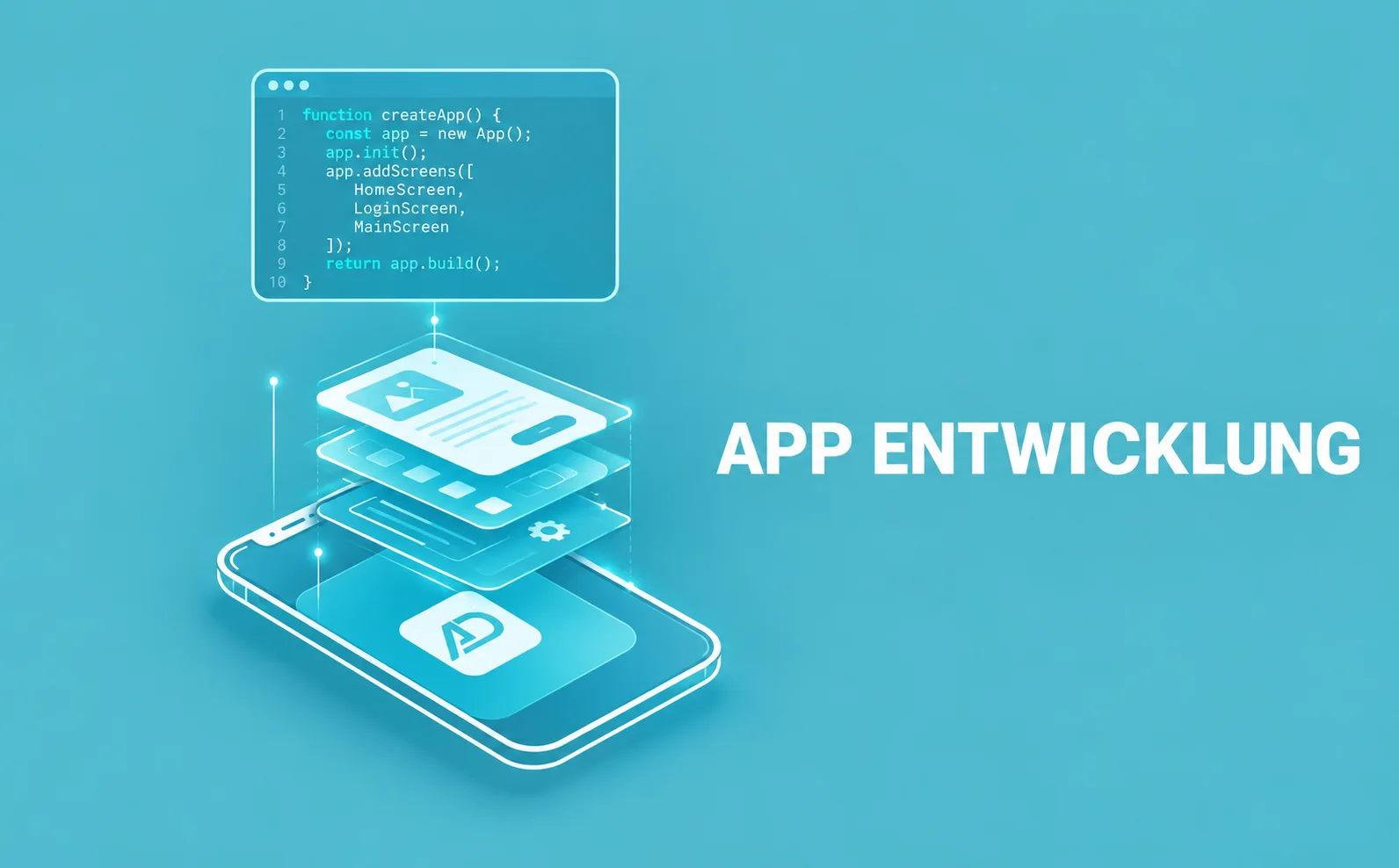 Isometrische Illustration der App-Entwicklung: Smartphone mit ADence-Logo, gestapelte App-Screens und ein Codefenster mit createApp-Funktion