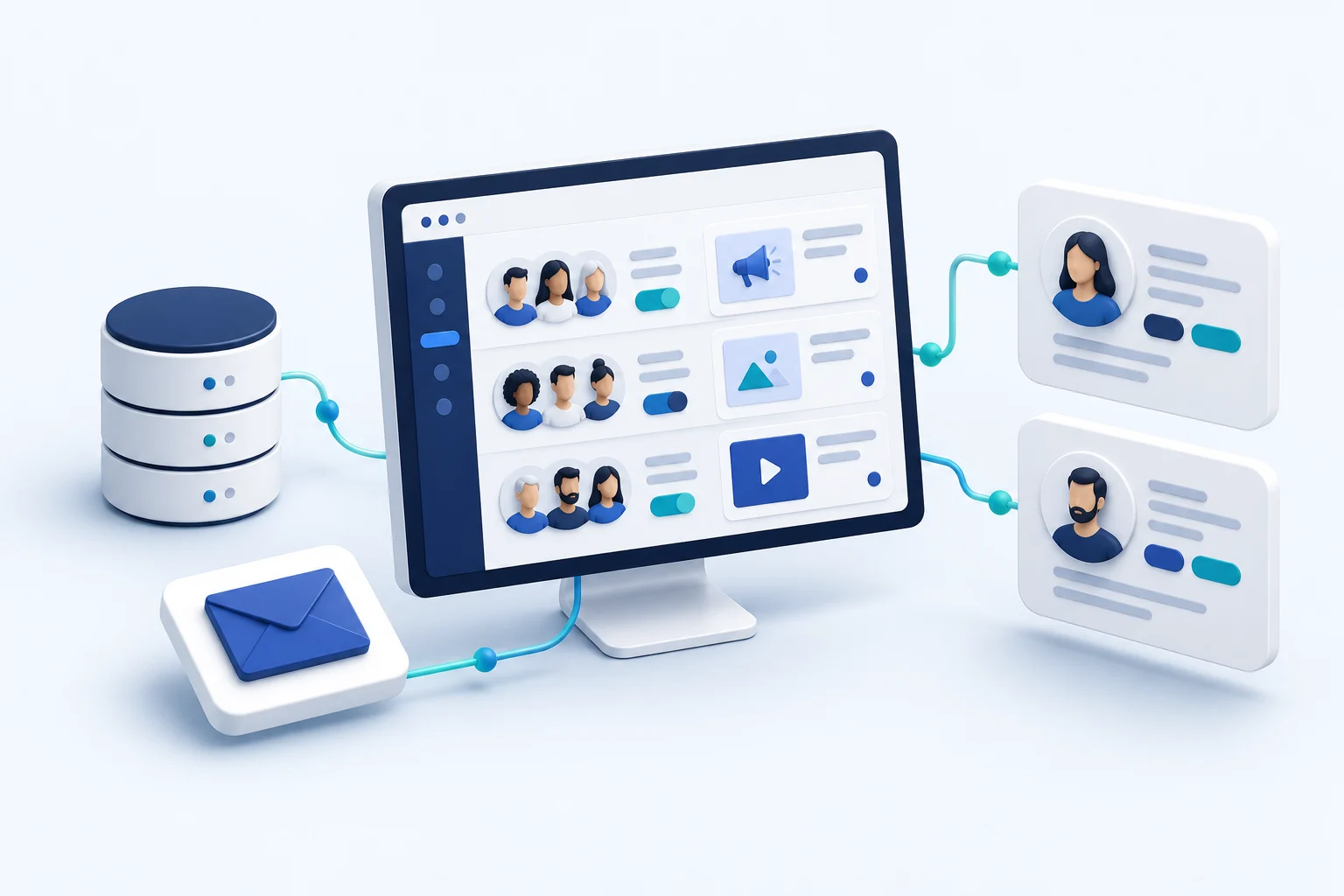Illustration zur Kampagnensteuerung mit vernetzten Kundendaten, Datenbank und Newsletter-Anbindung.