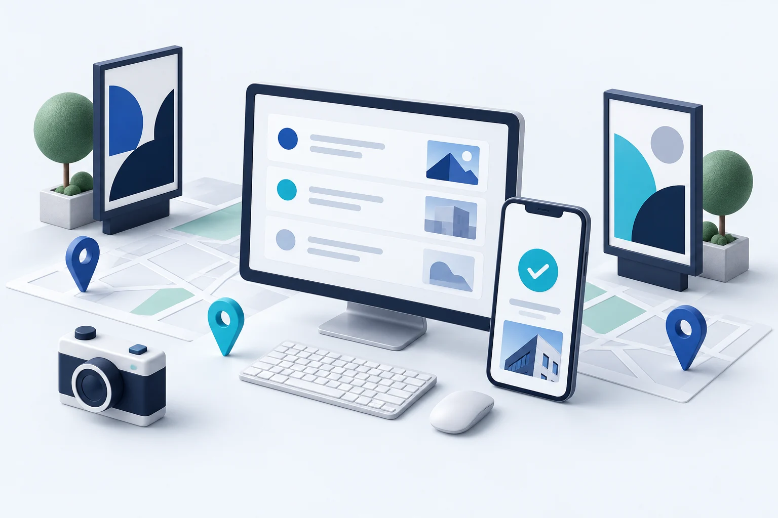 Illustration einer zentralen Auftragsverwaltung mit mobiler Web-App, Werbeträgern und Fotodokumentation.