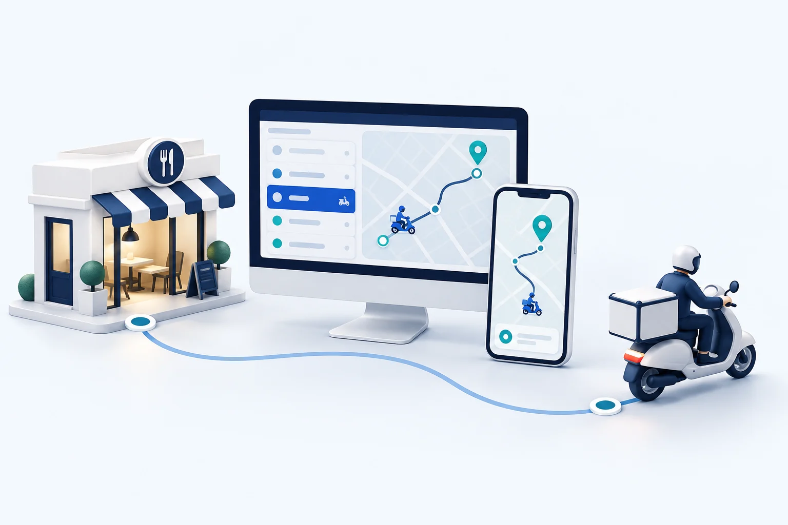 Illustration einer Fahrer-App und eines Filial-Dashboards zur Koordination von Restaurant und Lieferfahrern.