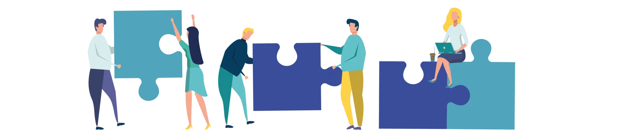 Illustration: Menschen setzen gemeinsam Puzzleteile zusammen