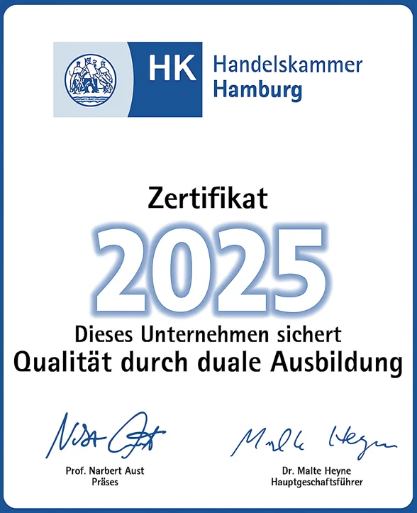 Zertifikat 2025 der Handelskammer Hamburg: Dieses Unternehmen sichert Qualität durch duale Ausbildung