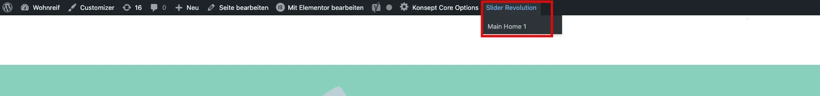WordPress-Menüleiste mit dem aufgeklappten Eintrag „Slider Revolution“