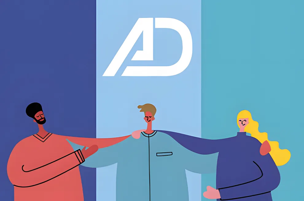 Illustration: drei Menschen begrüßen sich mit der Faust vor dem ADence-Zeichen