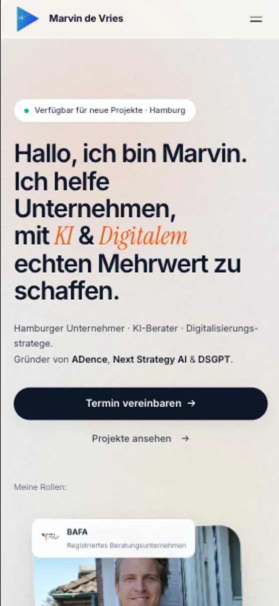 Marvin de Vries, Ansicht auf dem Smartphone