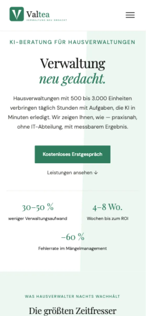 Valtea, Ansicht auf dem Smartphone